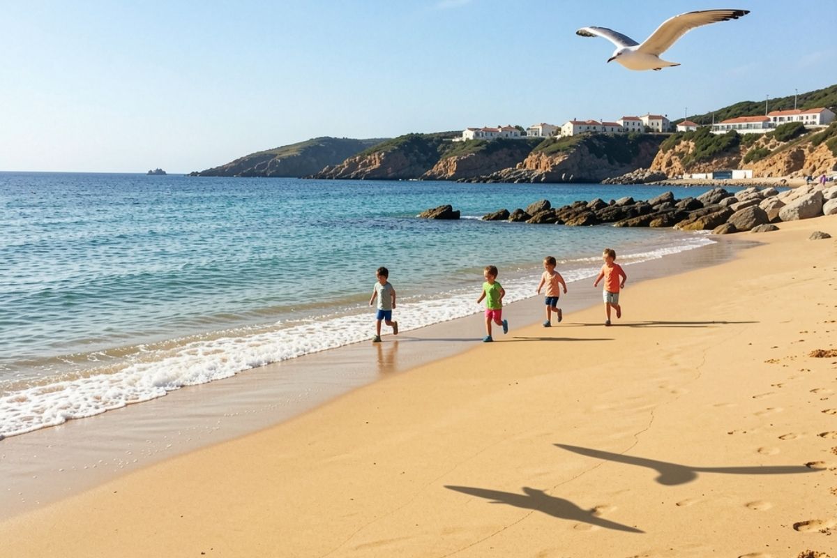 Vista panoramica della spiaggia La Pelosa a Stintino, con bambini che giocano sulla sabbia.