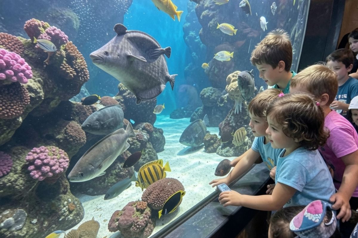 Bambini che esplorano l'Acquario di Stintino, interagendo con la vita marina.